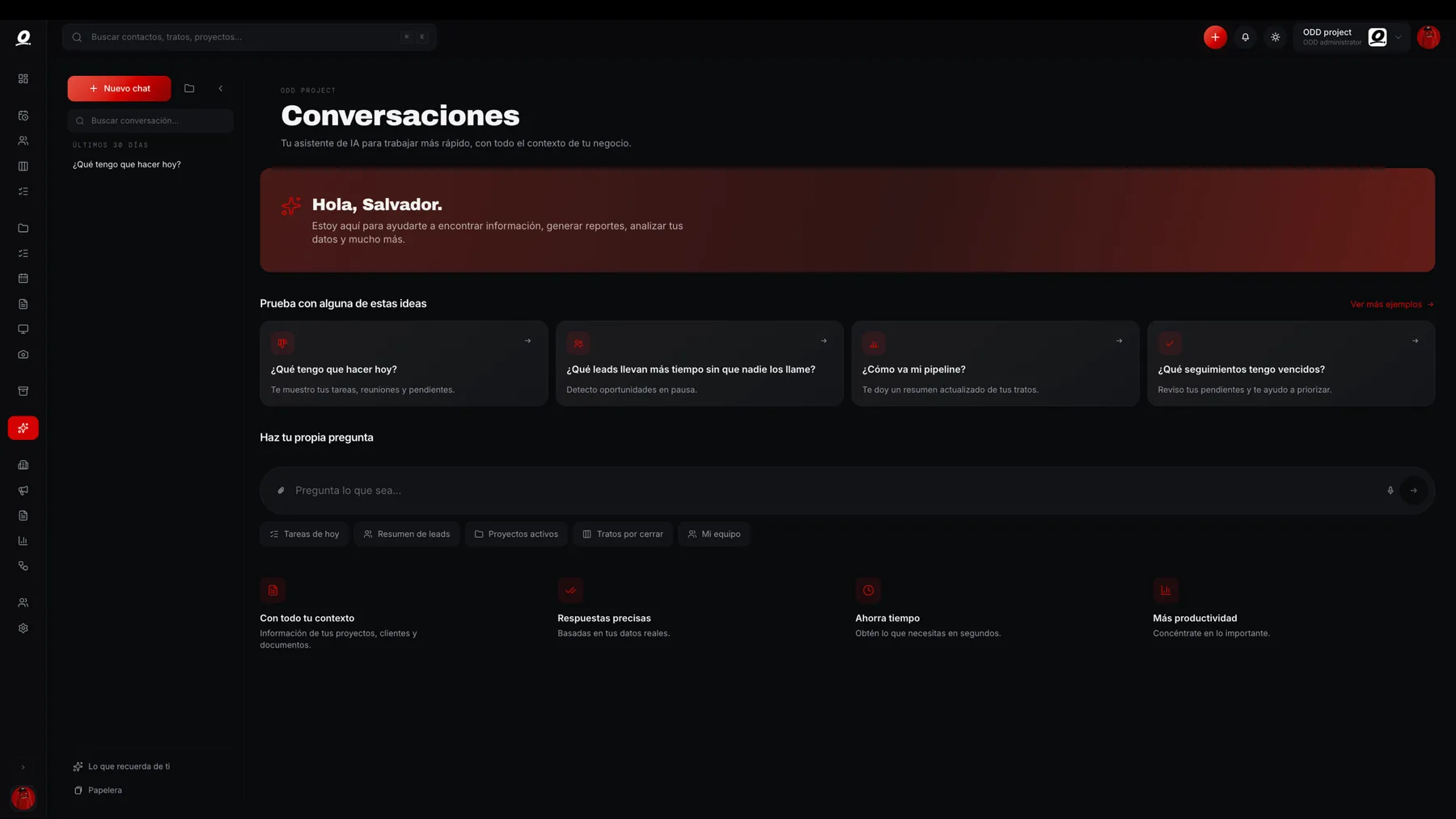 Pantalla de Conversaciones de ODD OS con las sugerencias de Ask ODD