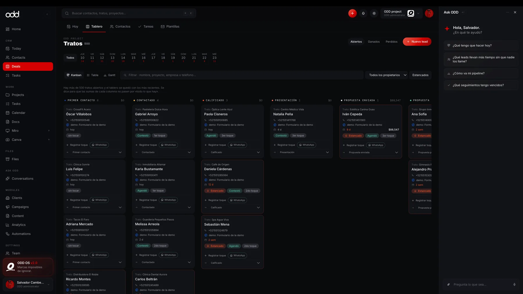 Pipeline de ventas de ODD OS en vista Kanban, con las etapas comerciales