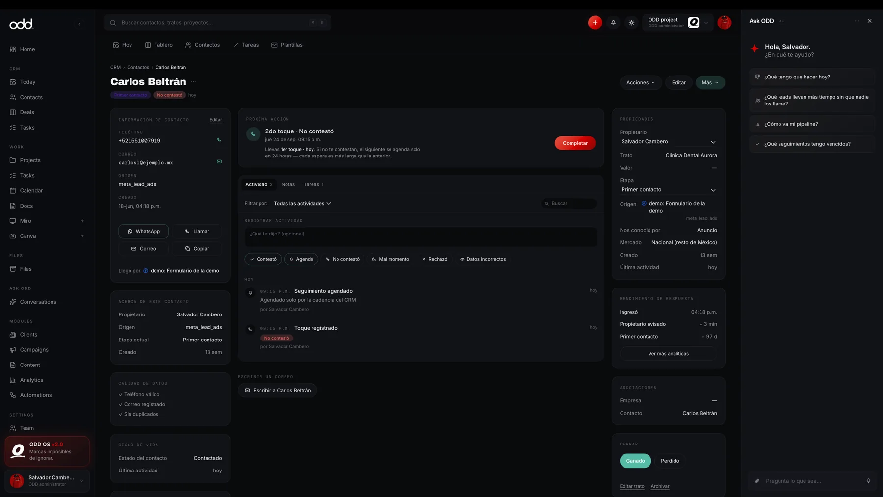 Ficha de contacto en ODD OS con el rendimiento de respuesta del lead