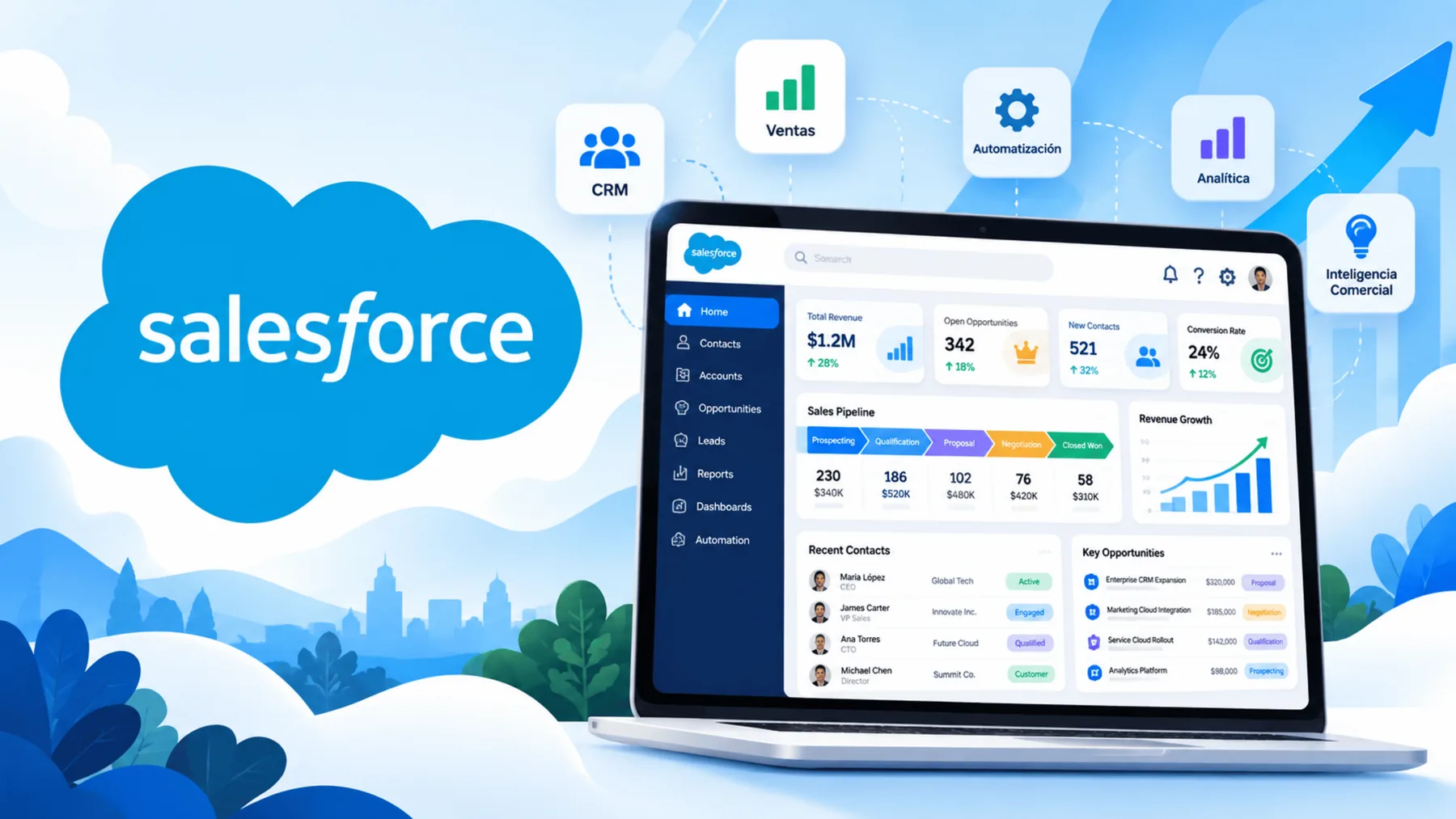 Salesforce CRM para ventas, automatización y analítica empresarial